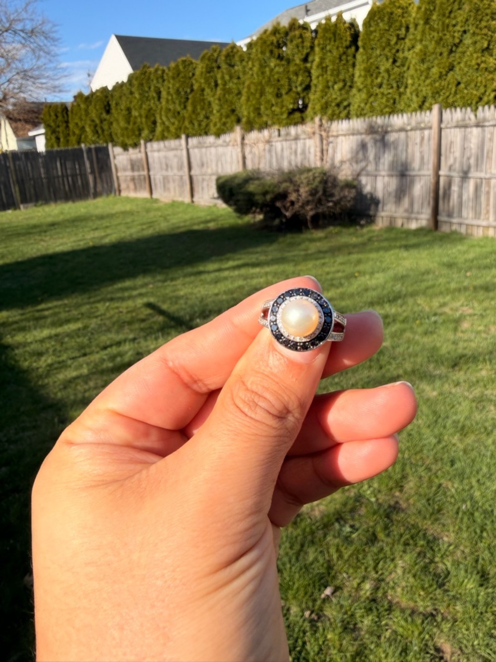 Sterling Silver Pearl and Blue Sapphire Halo Ring